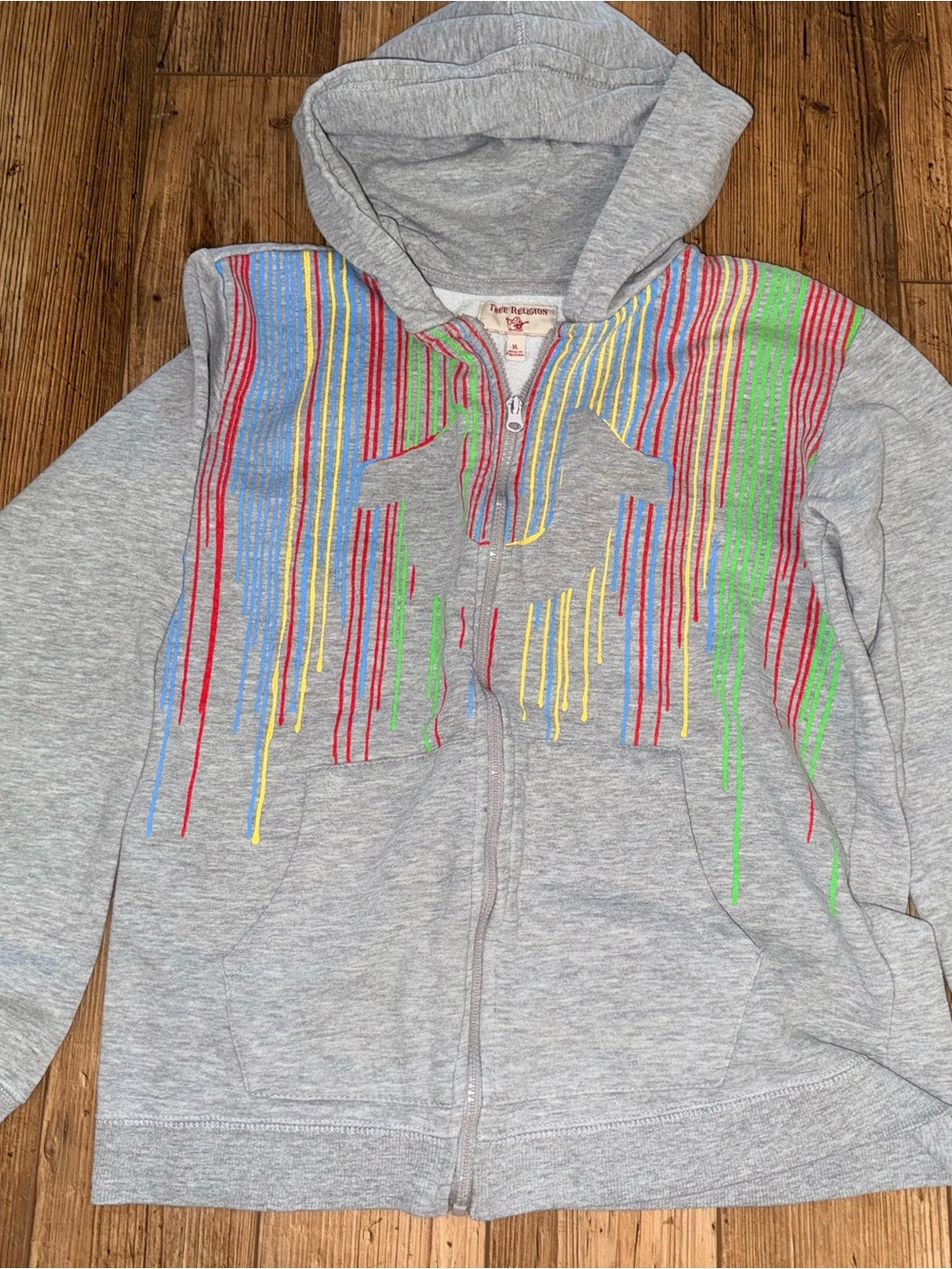 True Religion Kids Grey Zip Hoodie with Multicolor Drip Stripes
